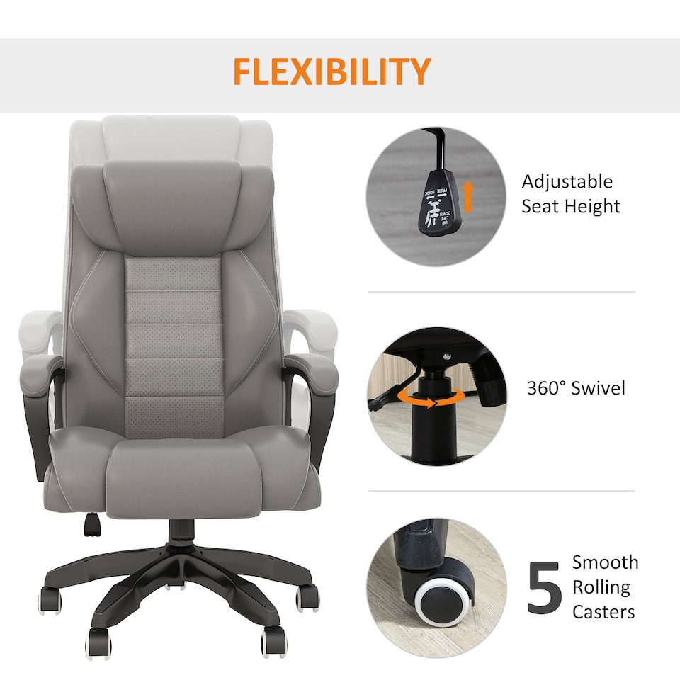 image 1 of Vinsetto Office Chair with 6-Point Maaage, PU Desk Chair with Padded Seat and Armrest, Computer Chair with Tilt Function for Home, Grey