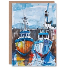 Greeting Card Scottish Harbour Fishing Boats and Lighthouse Birthday