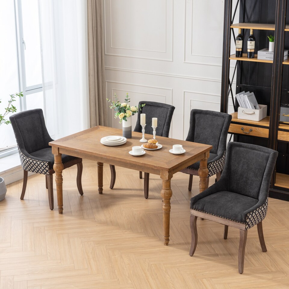image 1 of Bewley Set of 4 Vintage Linen Upholstered Kitchen Dining Chairs with Oak Wood Legs