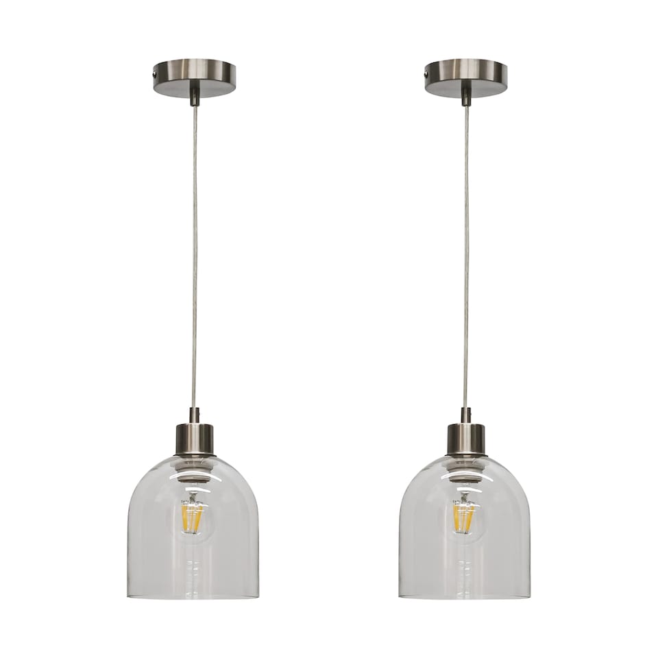 image 1 of Set of 2 Belten - Clear Glass Cloche with Satin Nickel Pendant Fitting | Clear | Clear glass with satin nickel plate detail | Small | 2