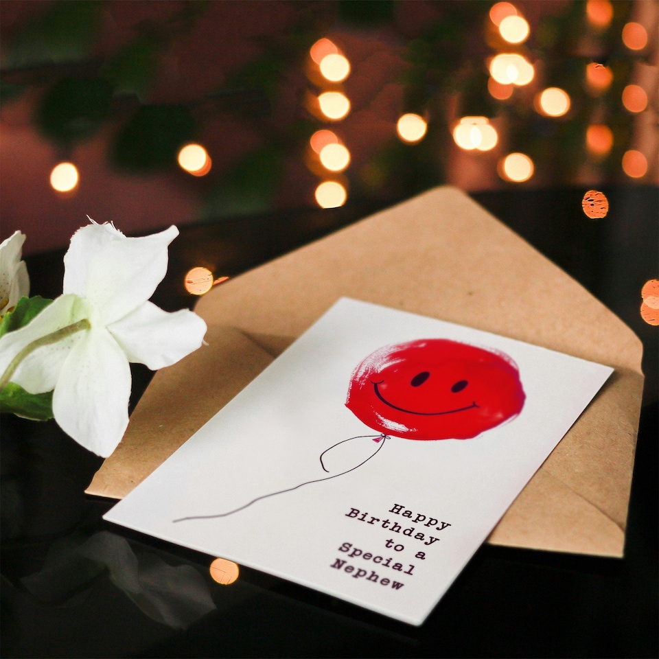 image 1 of Special Simple Smiley Face Red Balloon Fun Nephew Birthday Card