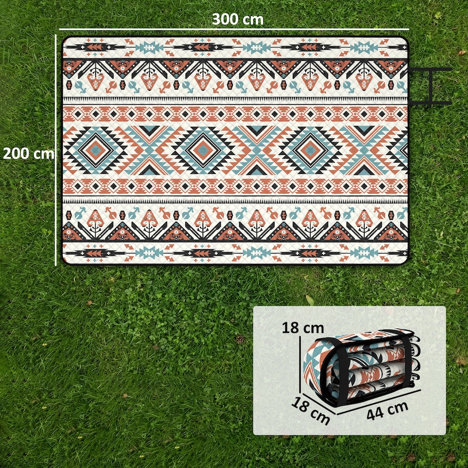 image 1 of Outsunny Picnic Blanket, 300x200CM Beach Blanket Outdoor Picnic Mat | Multi | Multi-coloured tribal geometric | 300 x 200 x 1 cm