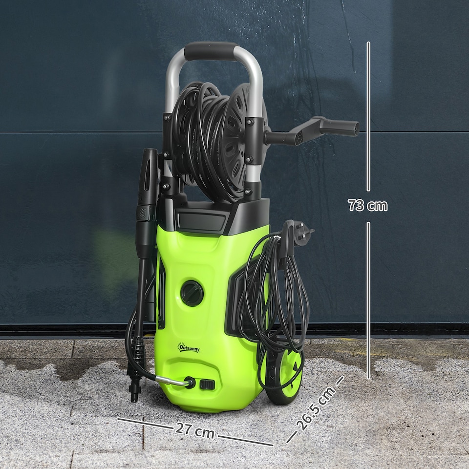 image 1 of Outsunny 1800W Power Washer 150 Bar Pressure 6M Hose and Hose Reel, Green