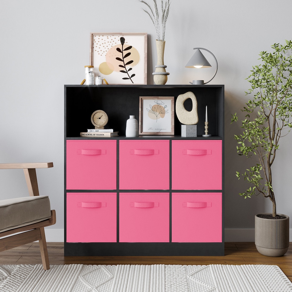 image 1 of Wide 7-Cube Bookcase With Drawers | Black | Black & Dark Pink | 1