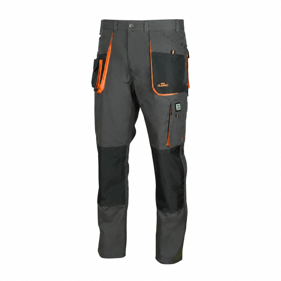 image 1 of ArtMas Grey Orange Work Trousers for Men  Durable Design with Knee Pad Pockets Cargo Storage and Reinforced Seams Size UK28