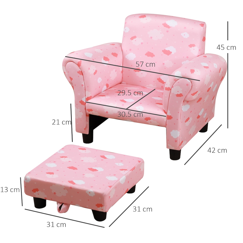 image 1 of HOMCOM Kids Armchair Children Mini Sofa Wood Frame w Footrest Cute Cloud Star | Pink | One Size