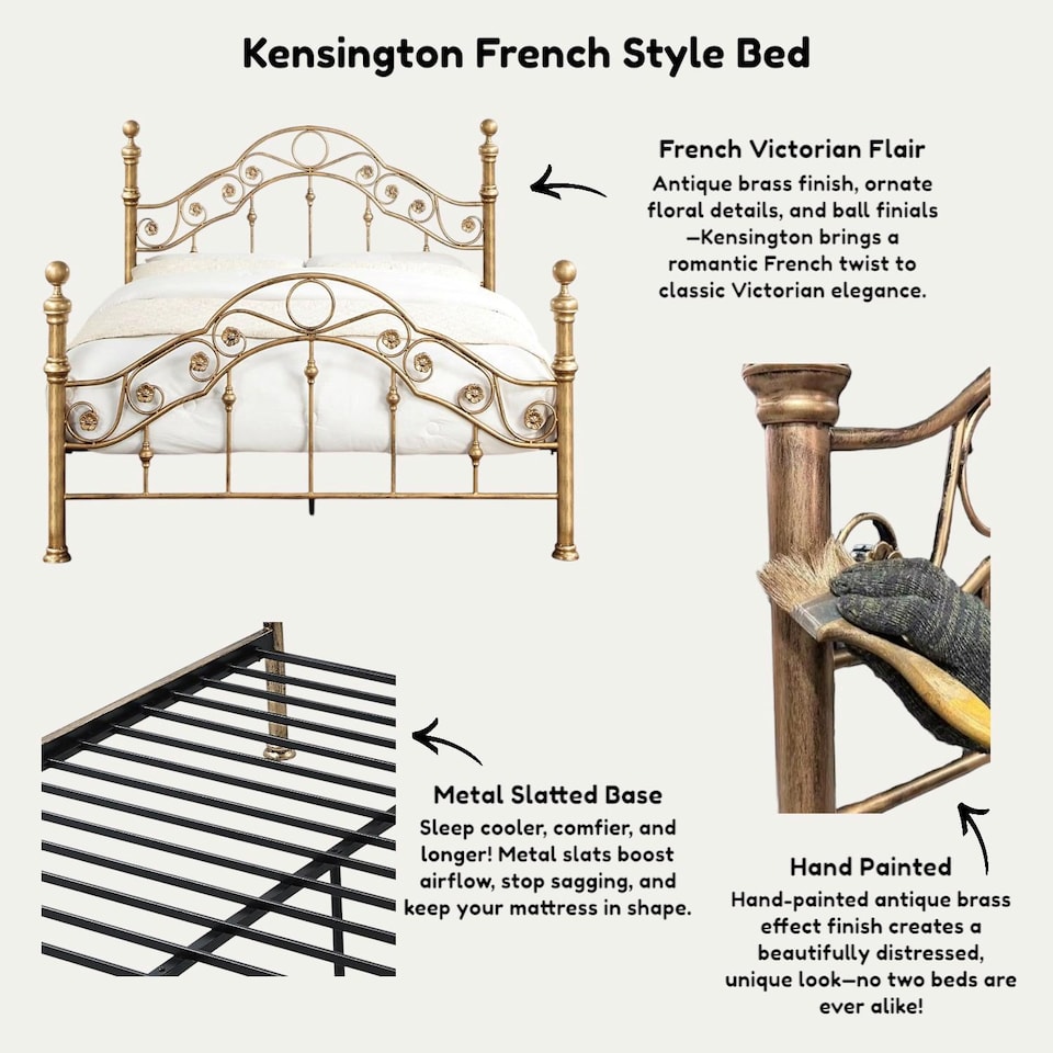 image 1 of Kensington French Style Antique Brass Effect Metal Bed Frame | Bronze | Antique Brass | Double