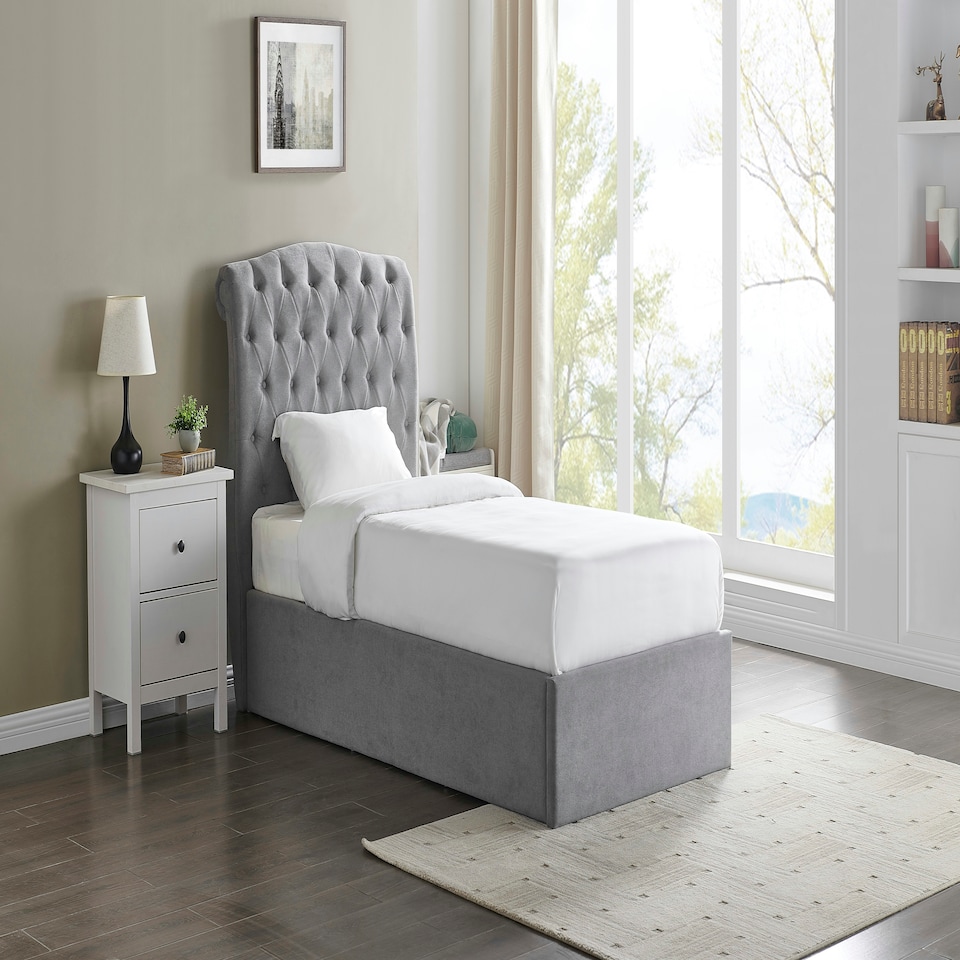 image 1 of 4ft6 Double Ottoman gas liftup storage bed frame,fabric upholstered, light grey,buttoned back,curved bed frame,bedstead