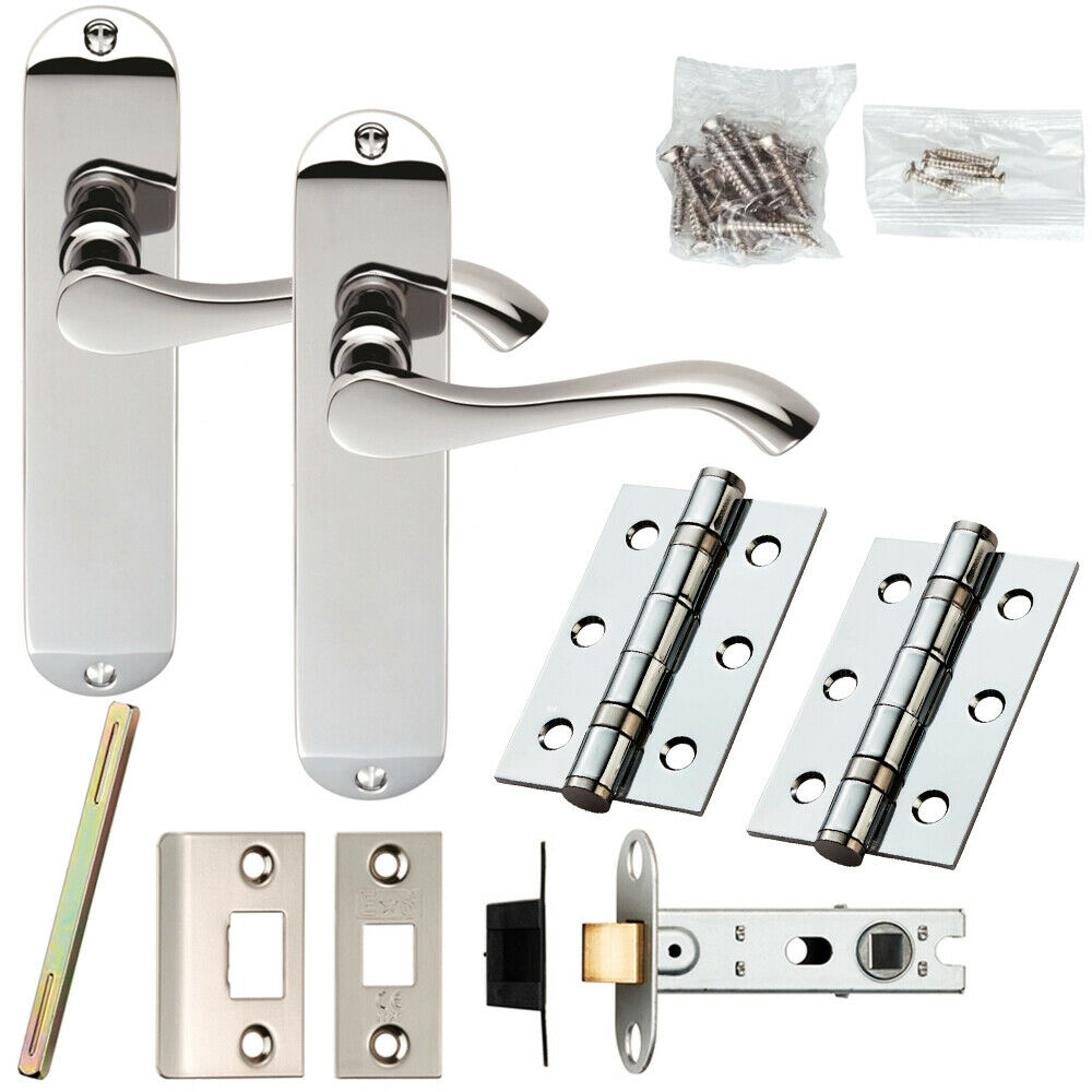 Loops Door Handle & Latch Pack Chrome Modern Scroll Lever Round Backplate 180 x 40mm