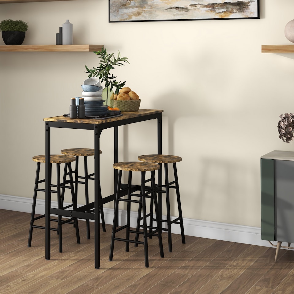 image 1 of HOMCOM 5 Piece Bar Table Set with 4 Stools, Industrial Bar Table and Stool Set, Dining Table and Chair Set for Small Space, Rustic Brown