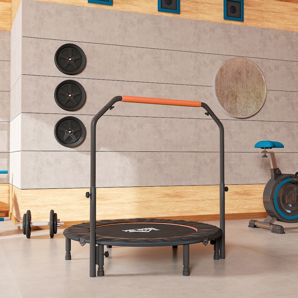 image 1 of HOMCOM 48" Foldable Mini Trampoline Fitness Trampoline Rebounder for Adults with Adjustable Foam Handle, for Indoors, Outdoors, Cardio Training, Orange | Orange