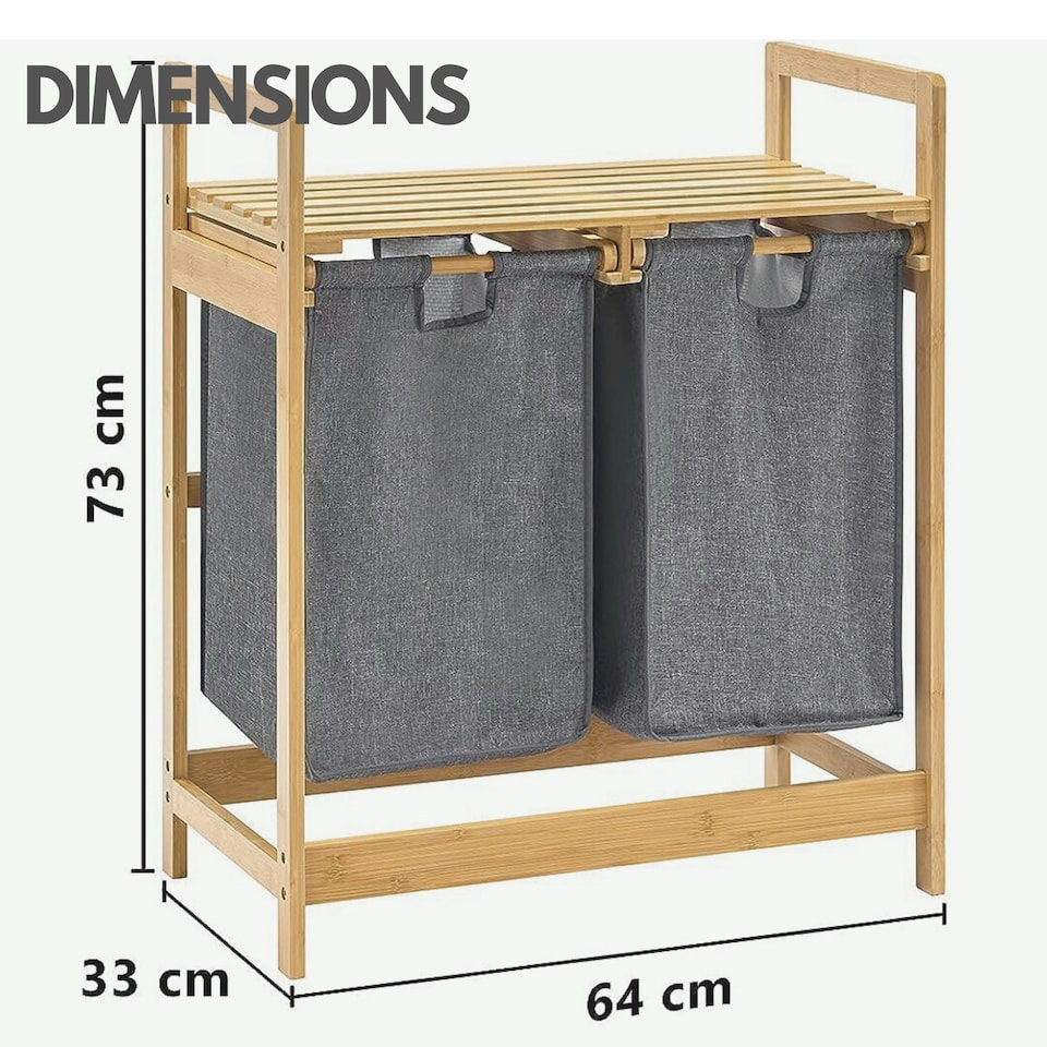 image 1 of Wooden Grey Pull Out Double Laundry Basket With Shelf Brown