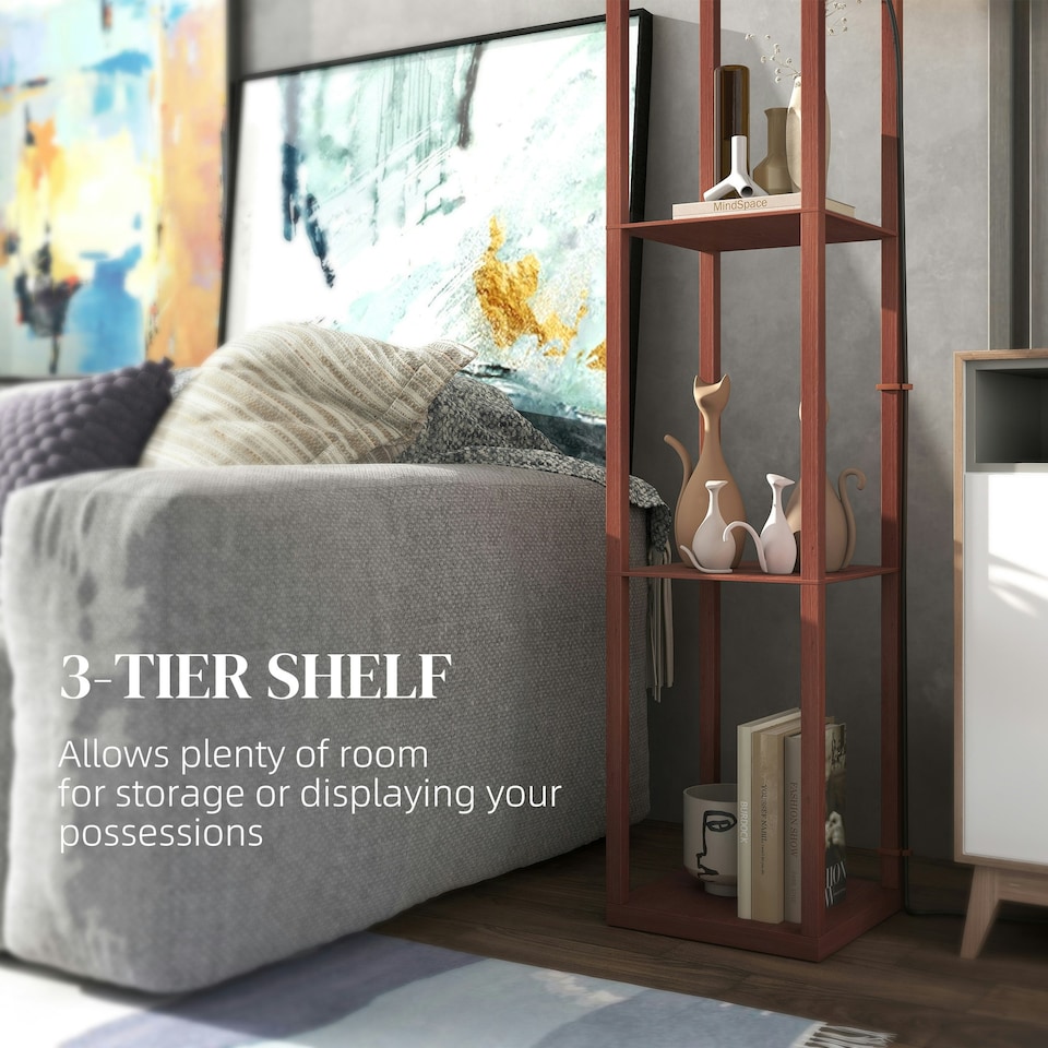 image 1 of HOMCOM Modern Floor Lamp Light with 3 Shelves Fabric Lampshade Brown | Brown