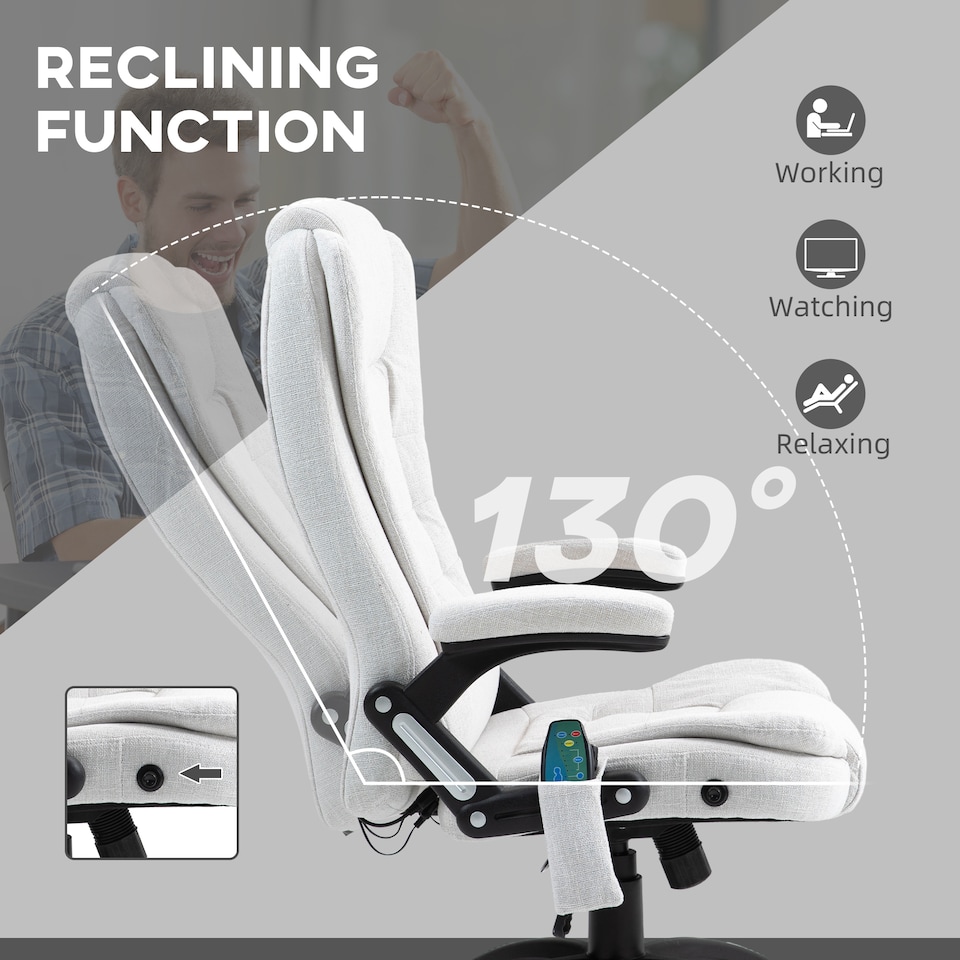 image 1 of Vinsetto Office Chair, Ergonomic Desk Chair with 6-Point Massage and Back Heated, Linen-Feel Fabric Computer Gaming Chair with Arms, Lumbar Support, Cream White