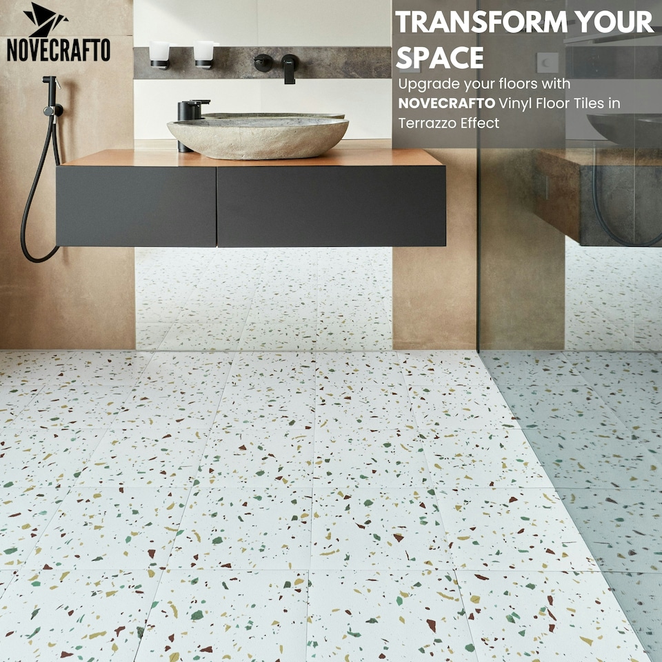 image 1 of NOVECRAFTO Vinyl Floor Tiles Self Adhesive – 12x12in Peel and Stick Flooring for Kitchen, Bathroom & Living Room – White Terrazzo Look with Flecks White | 4.65 sqm