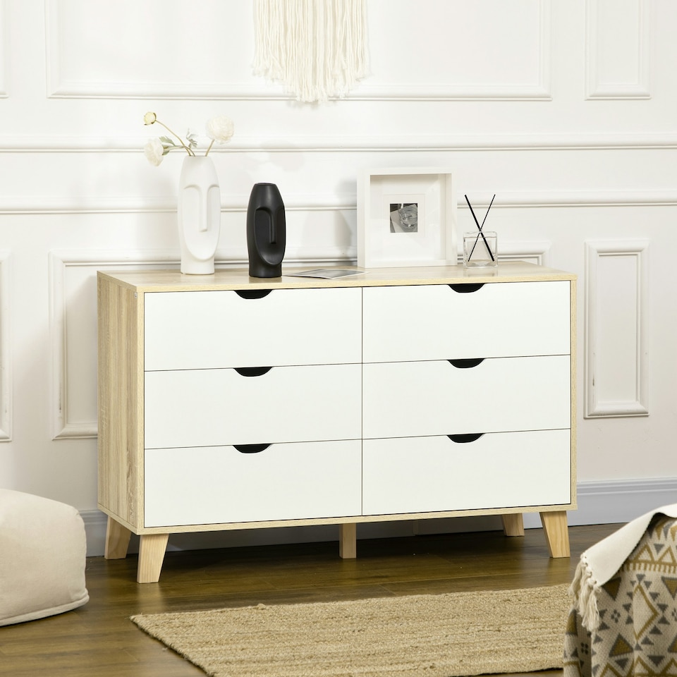 image 1 of HOMCOM Bedroom Chest of Drawers, 6-Drawer Dresser, Tall Storage Drawer Unit with Steel Frame for Living Room, White