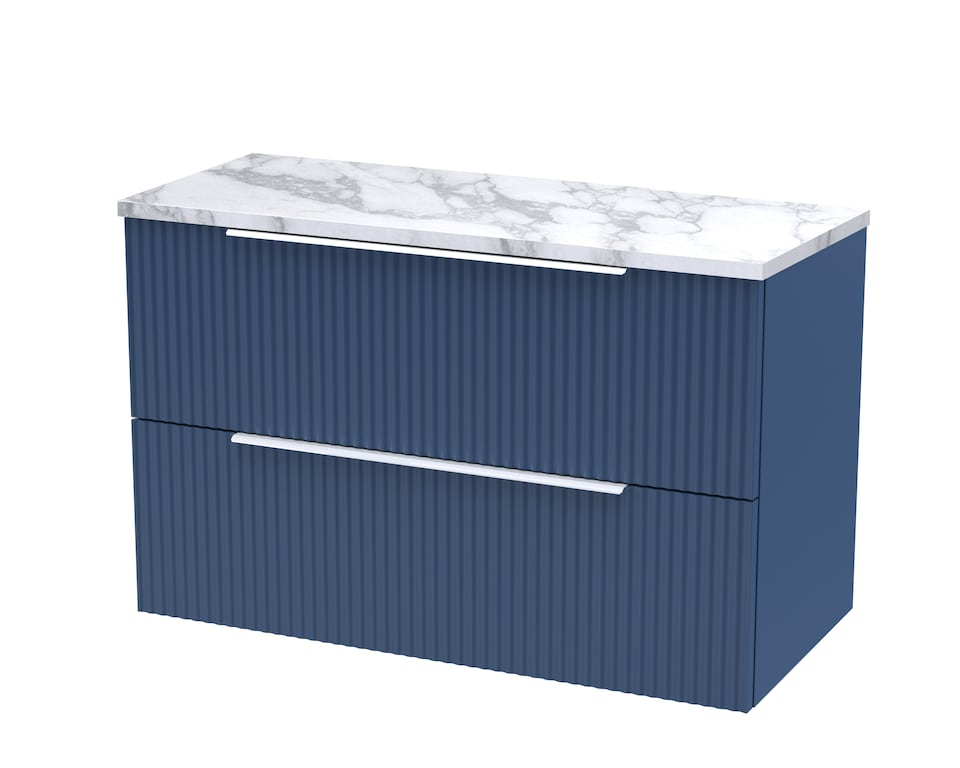 image 1 of Balterley Tixall Fluted 2 Drawer Wall Hung Vanity Unit with Laminate Worktop, Satin Blue, 800mm
