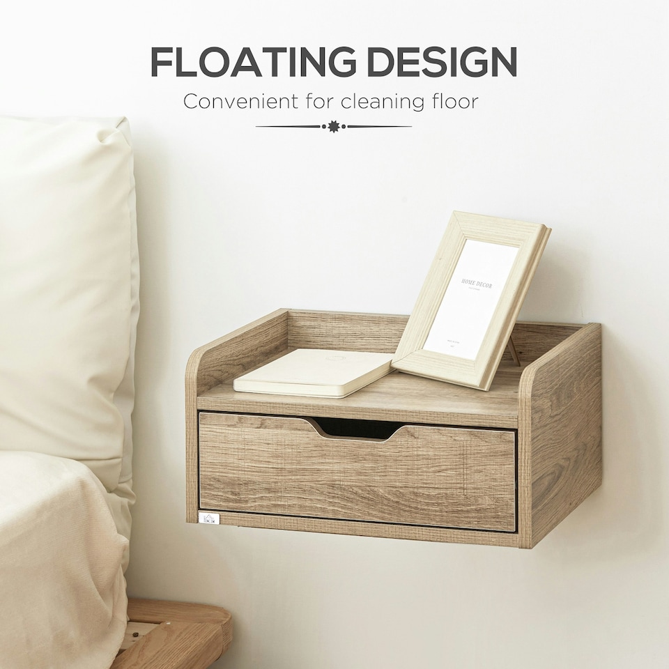 image 1 of HOMCOM Floating Nightstand Set of 2, Nightstand with Drawer, Rustic Brown
