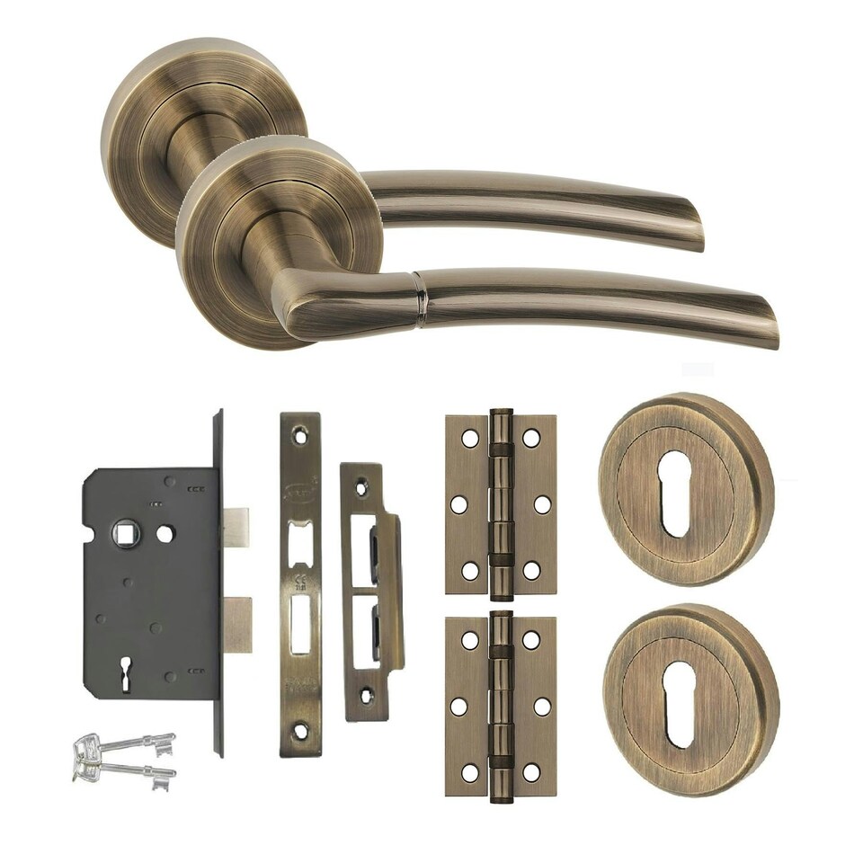 image 1 of Golden Grace Indiana Design Key Lock Door Handle Set in Antique Brass Hinges and Mortise Lock Gold