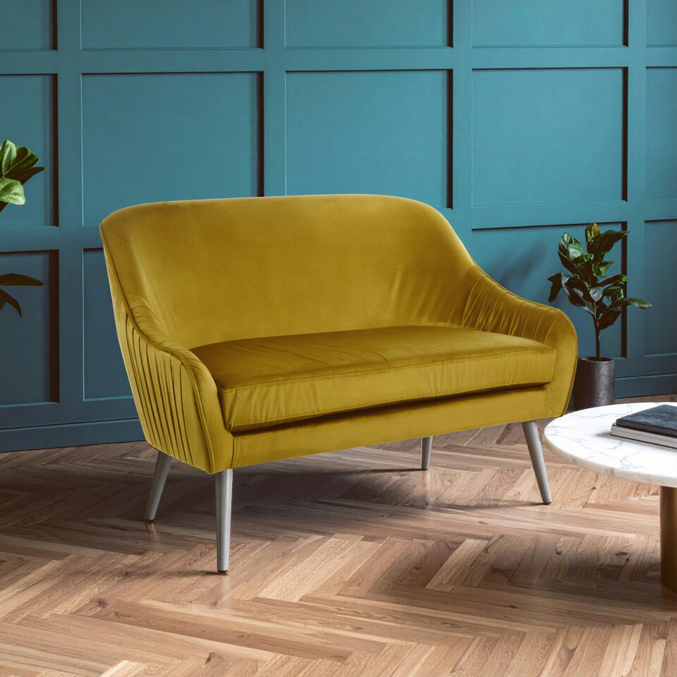 image 1 of Interiors by Premier Mustard Velvet Sofa with Silver Wood Legs, Easy to Maintain Mustard Corner Sofa, Stain-Resistant Dinner Sofa