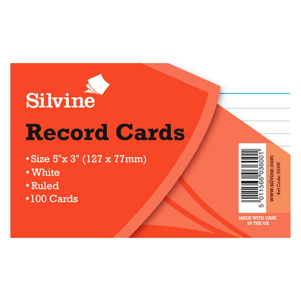 Silvine Small Record Cards Pencil Feint 100 Sheets - White - Small