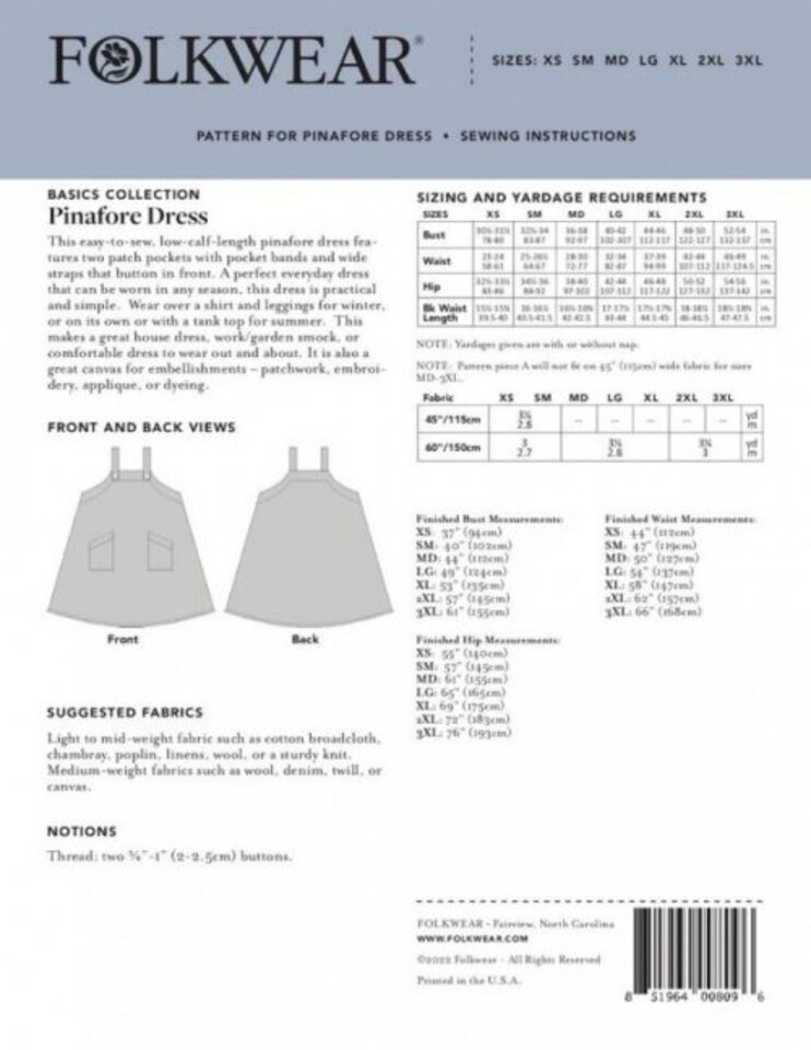 image 1 of Folkwear Patterns Basics Pinafore Dress Paper Sewing Pattern – Women’s Pinafores & Dresses, UK Sizes XS–3XL, Intermediate