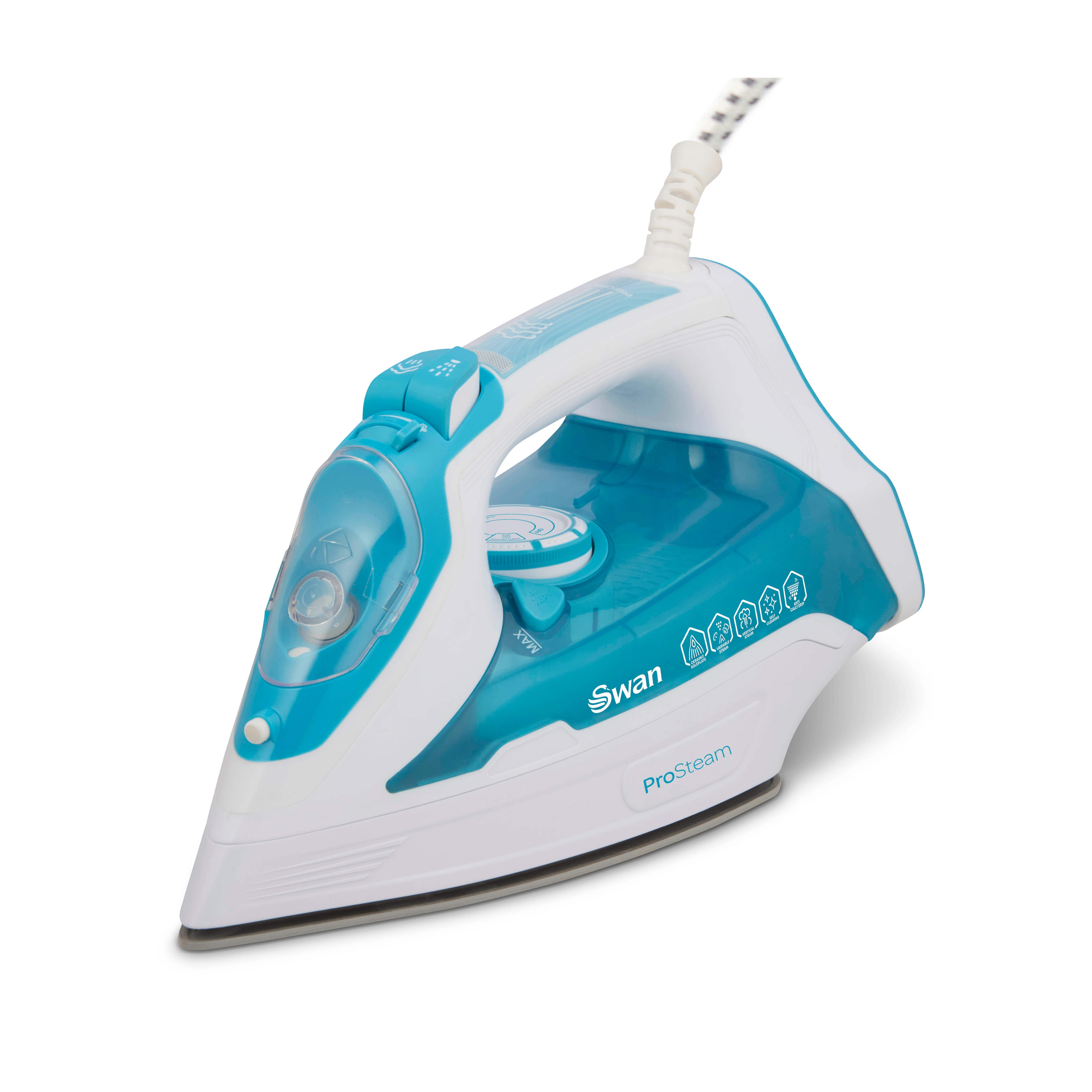 Swan Steam Iron with Ceramic Soleplate, ProSteam Technology, Anti-Calc, Anti-Drip, Adjustable Temperature Dial and 360 Degree Swivel Cord, 3000W, White and Aqua, SI12055AQ