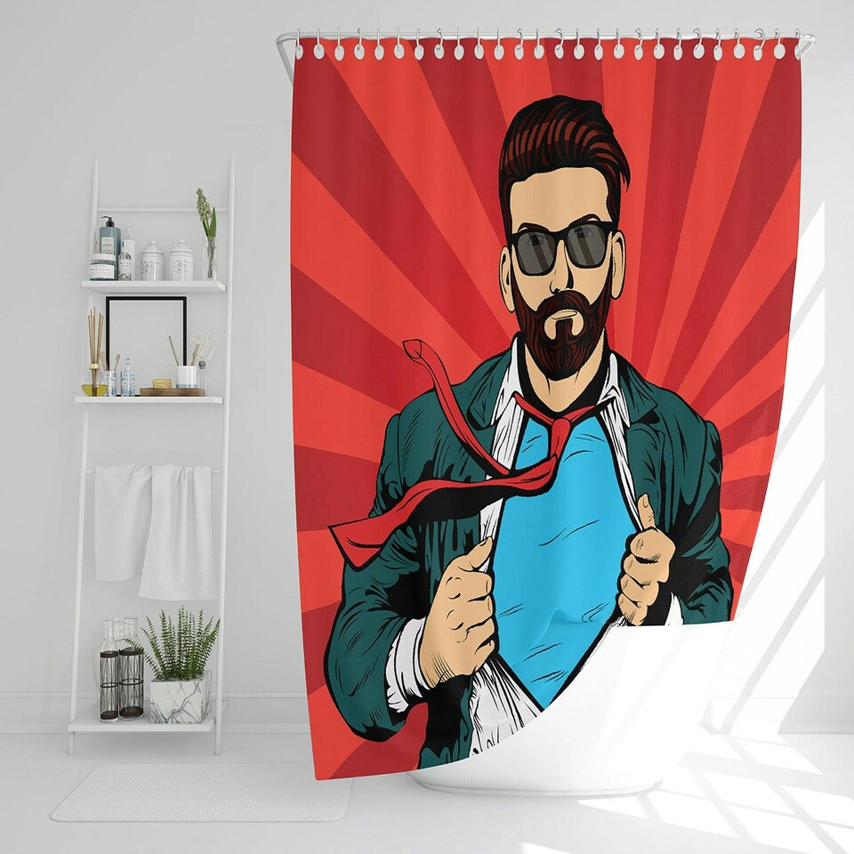 image 1 of Strong Businessman in glasses in comic style. Success concept (Shower Curtain)
