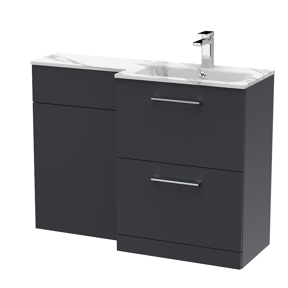 image 1 of Balterley Bramshall Contemporary Floor Standing 2 Drawer Vanity Basin WC Combination Unit, Carrera Marble Stone Basin, Right Hand, 1100mm, Satin Dark