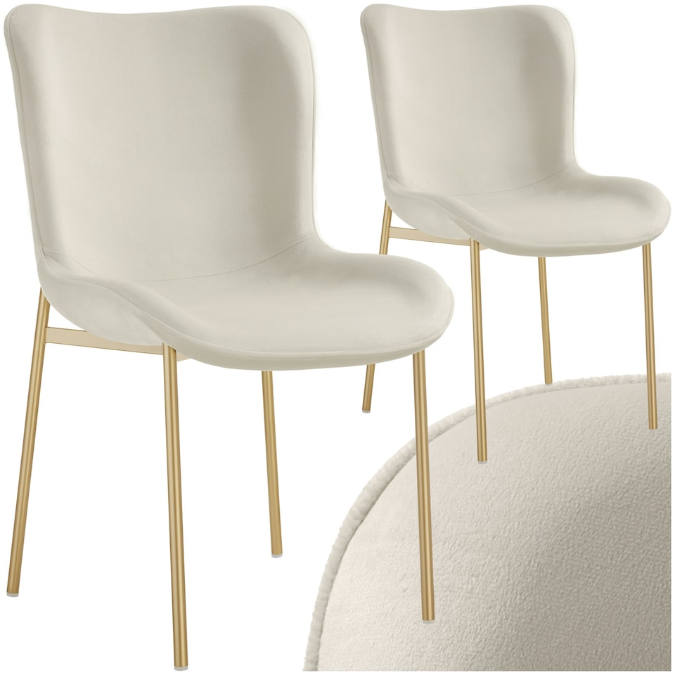 image 1 of Dining Chair Tessa - ergonomic high backrest, slim steel legs, soft fabric - Set of 2 Cream | Velvet Look Beige/Gold