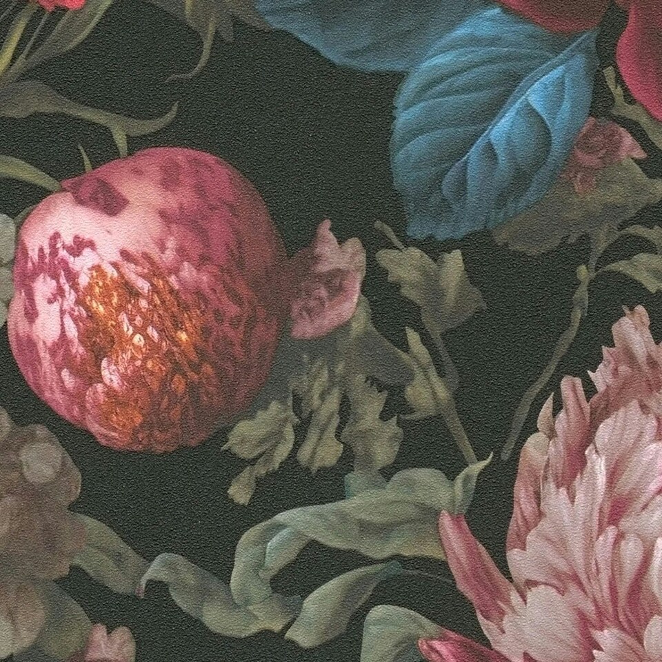 image 1 of Grand Peony Garden Wallpaper in Burgundy and Blue Blue