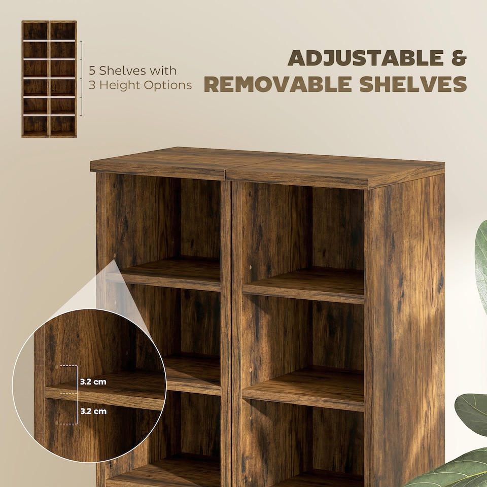 image 1 of HOMCOM Set of 2 CD Storage Units with Adjustable Shelves, Rustic Brown | Brown | Rustic Brown | 21W x 22.5D x 88.5H cm