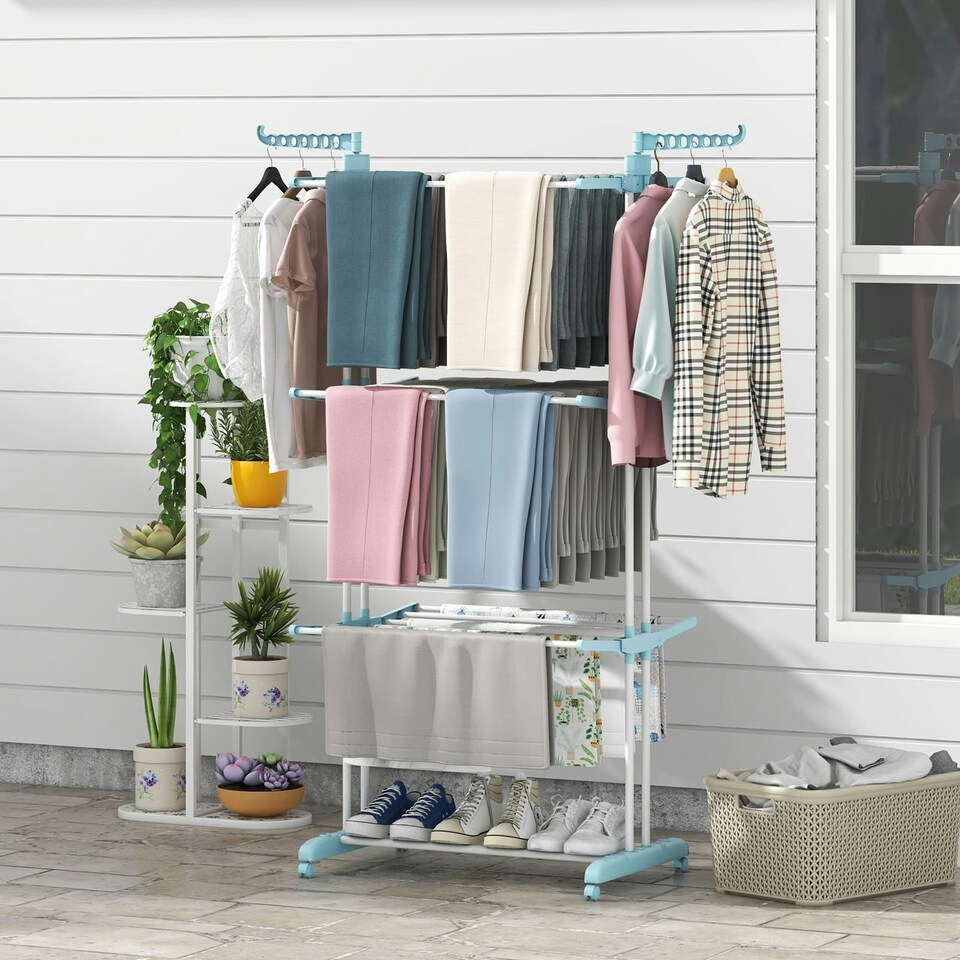 image 1 of COSTWAY 4-Tier Collapsible Laundry Rack Foldable Drying Rack Navy