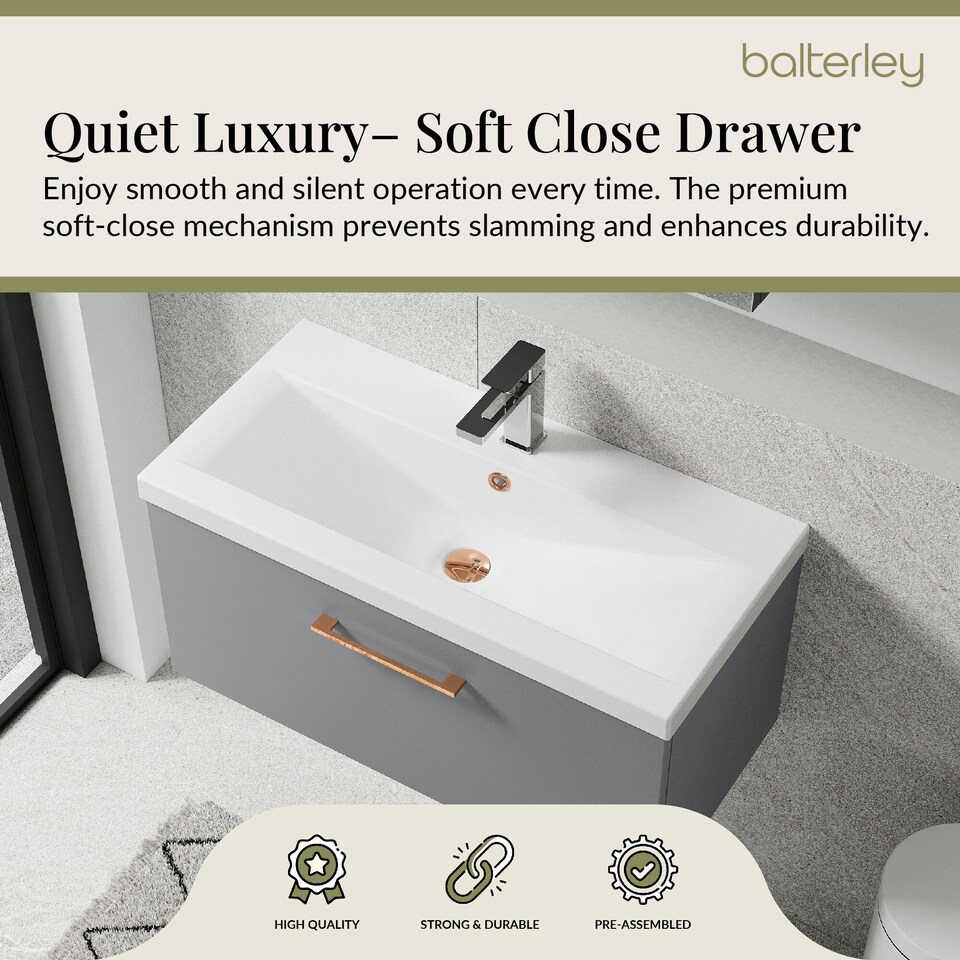image 1 of 800mm Wall Hung 1 Drawer Vanity Basin Unit, Satin Grey, Copper Handle | Grey | Satin Grey | 399 x 810 x 390mm