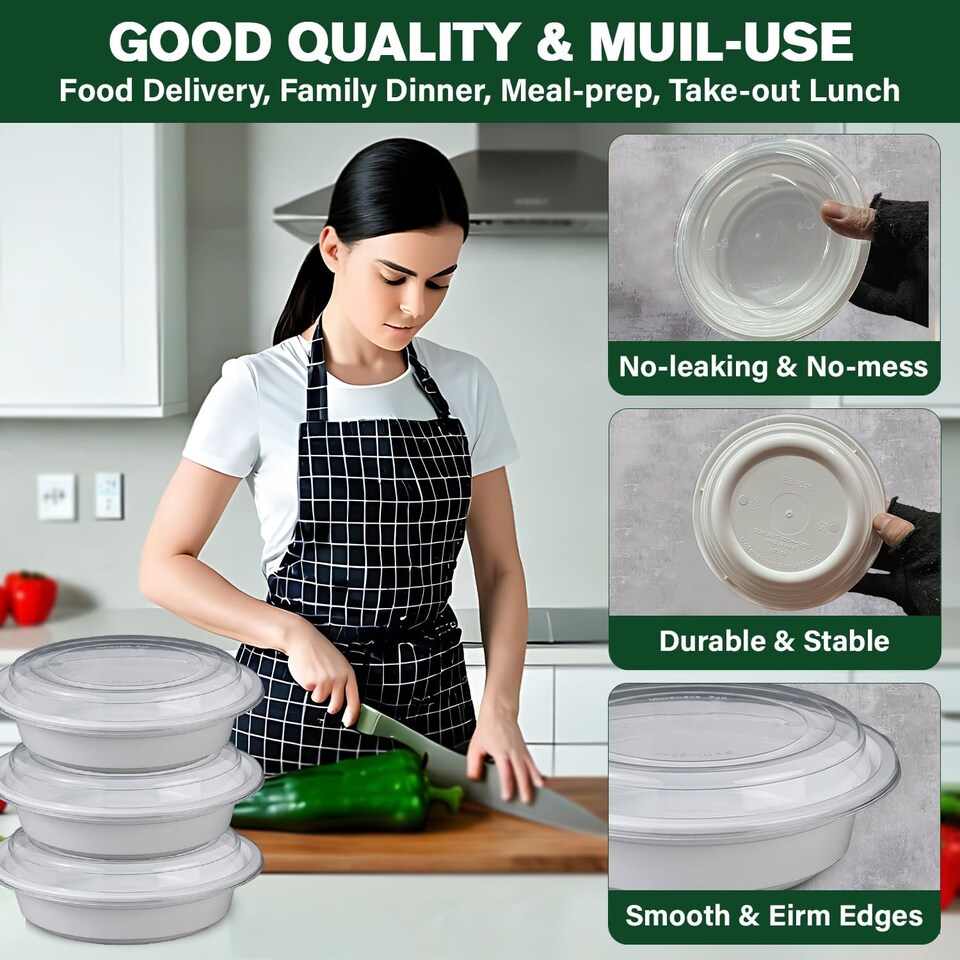 image 1 of 16oz Round White Plastic Meal Prep Containers With Lid BPA Free Food Storage Box 50pc