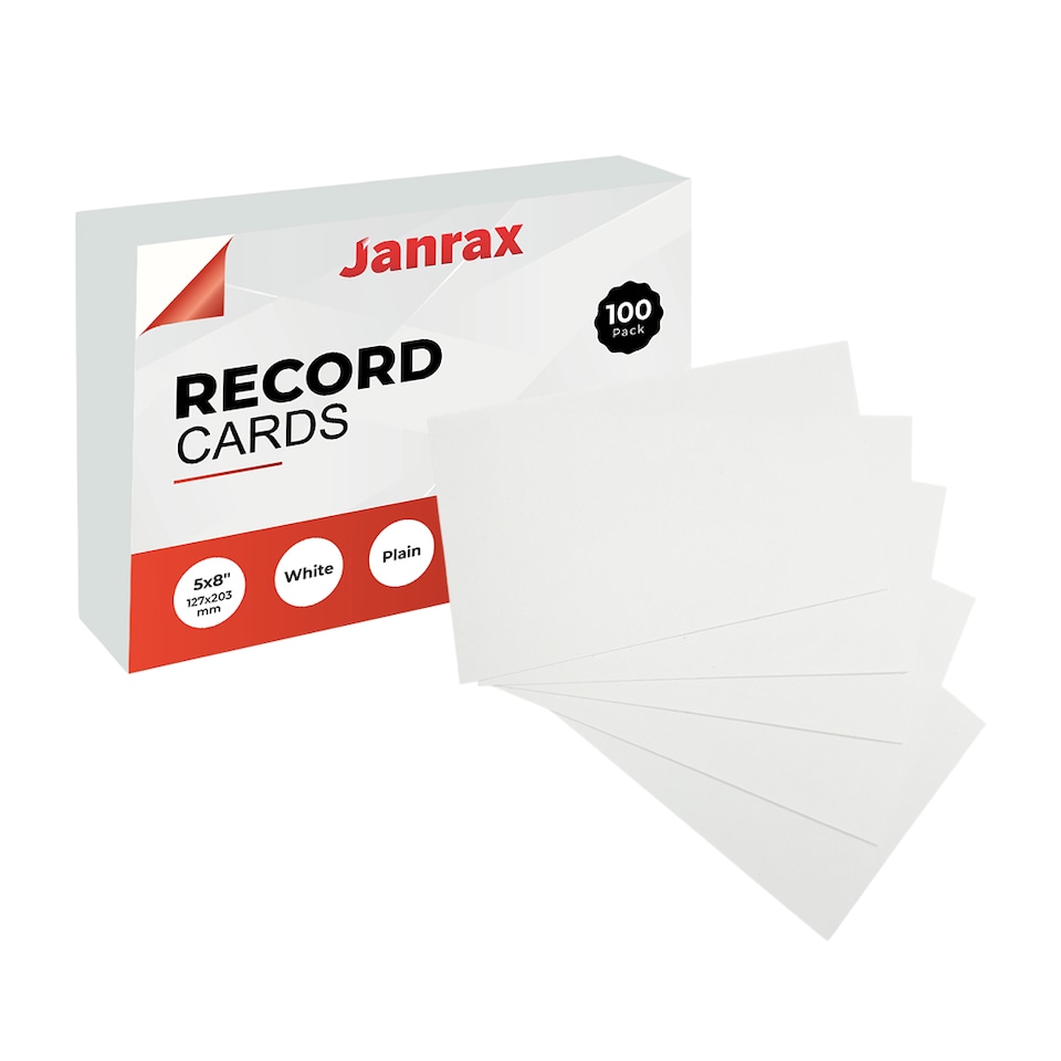 image 1 of Pack of 100 White Plain 8x5inch Record Cards - Blank Study Index Cards for Notes, Revision