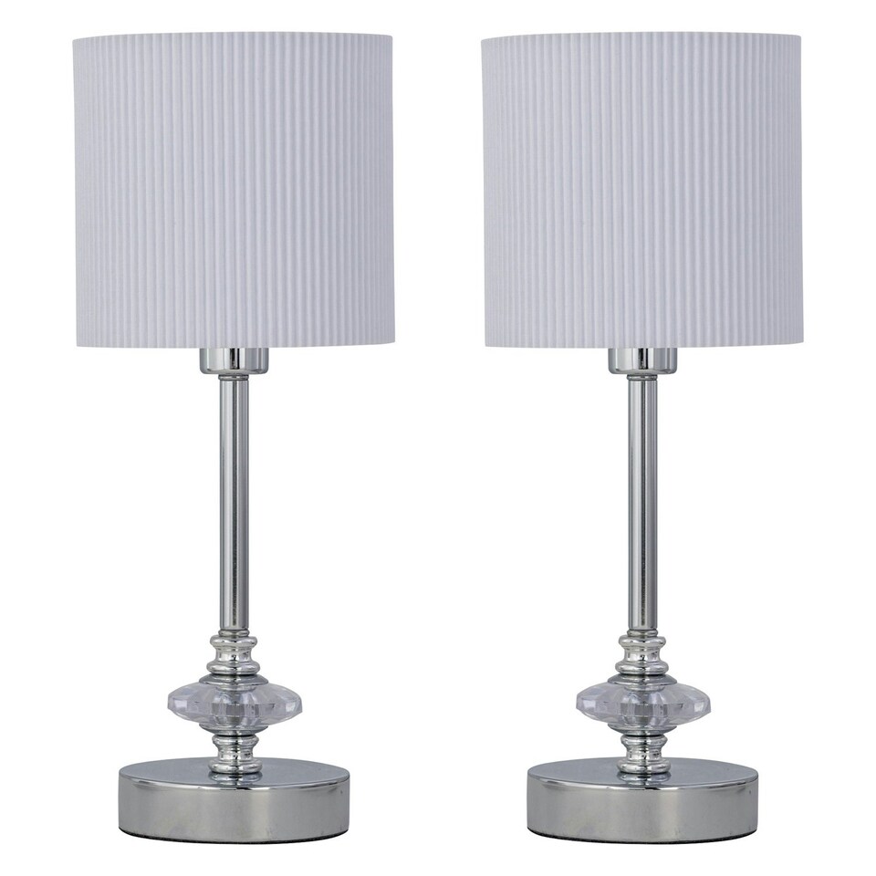 image 1 of First Choice Lighting Set of 2 Chrome Jewelled Table Lamps with White Pleat Shades Chrome | White