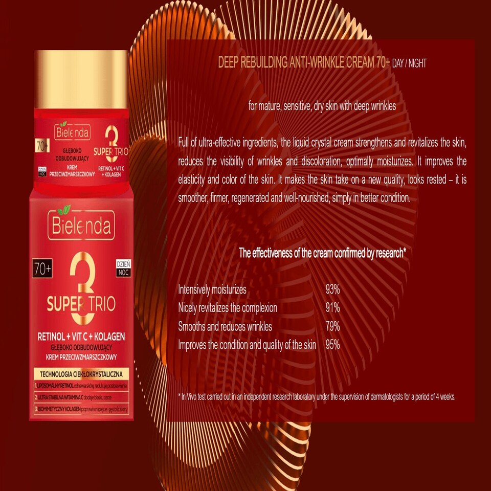 image 1 of Bielenda Super Trio Retinol + Vit C + Collagen Deeply Rebuilding Anti-Wrinkle 70+ Cream 50ml