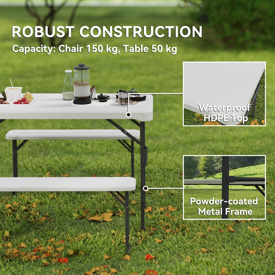 image 1 of Outsunny 3 Piece 4ft Folding Picnic Table and Bench Set, Portable HDPE Camping Table and Chairs with Carrying Handle for Indoor Outdoor, Dining, Camping, Picnic, BBQ, Party, White | White | Light Grey