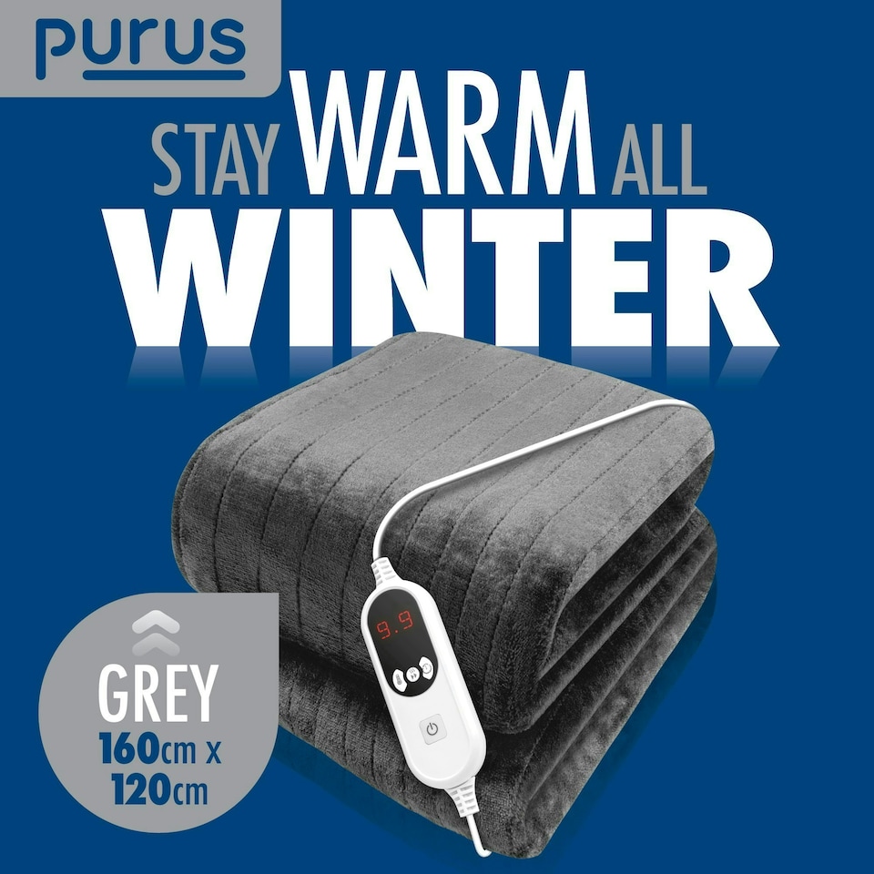 image 1 of Purus Electric Heated Fleece Blanket Throw 160x120cm - Grey