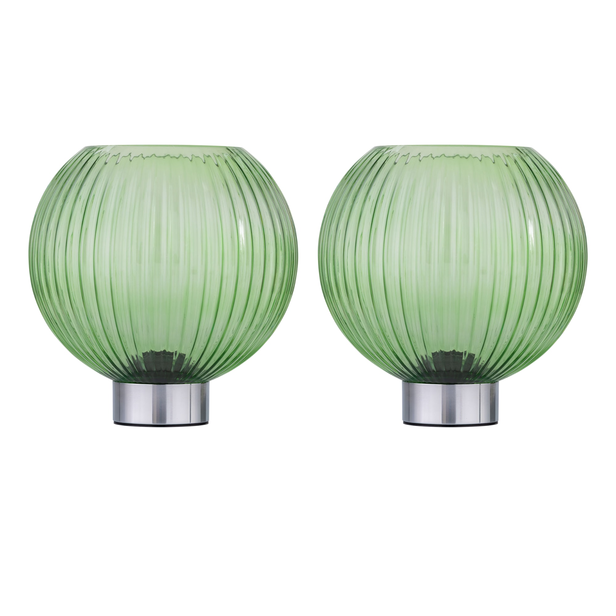First Choice Lighting Set of 2 Betchley - Battery Operated Chrome Lamp with Green Glass in Silver