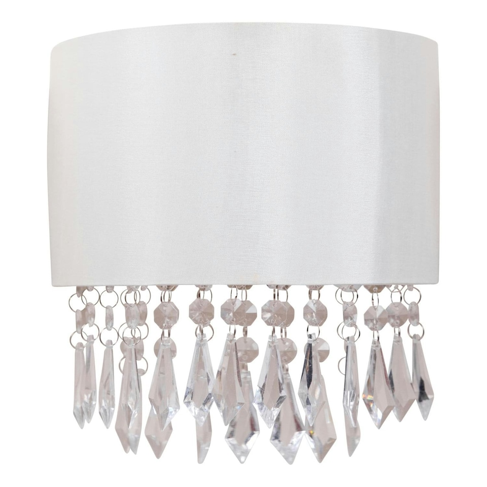 image 1 of First Choice Lighting Set of 2 Jewelled Ivory Fabric Wall Lights With Clear Beaded Crystal Style Strings White | Clear