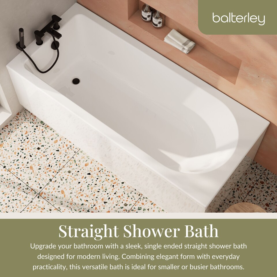 image 1 of Round Single Ended Straight Shower Bath & Leg Set, 1700x750mm - White | White | European White | 1