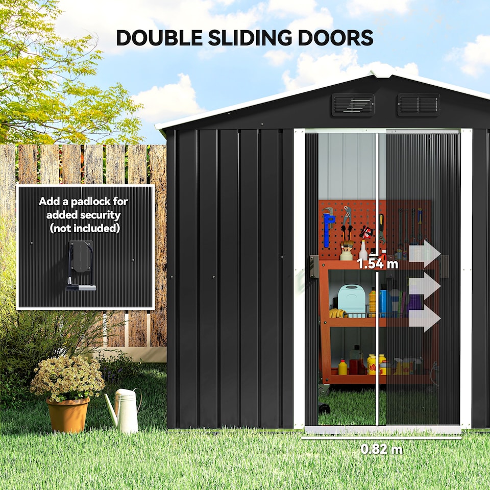 image 1 of Outsunny 7.7 x 5.7ft Metal Garden Shed with Ventilation Slots and Sliding Doors, Galvanised Outdoor Tool Storage House, Grey