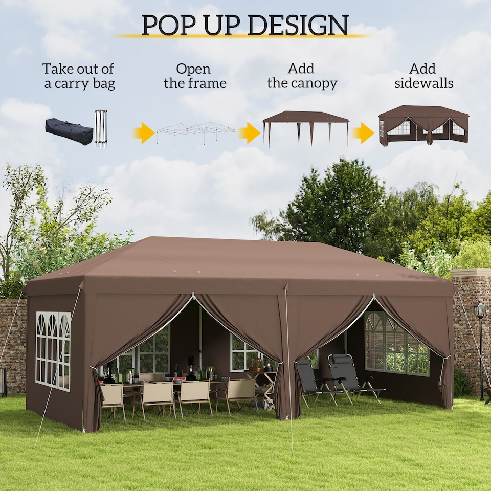 image 1 of Outsunny 3 x 6 m Garden Pop Up Gazebo, Wedding Party Tent Marquee, Water Resistant Awning Canopy with Sidewalls, Windows, Carry Bag, Brown