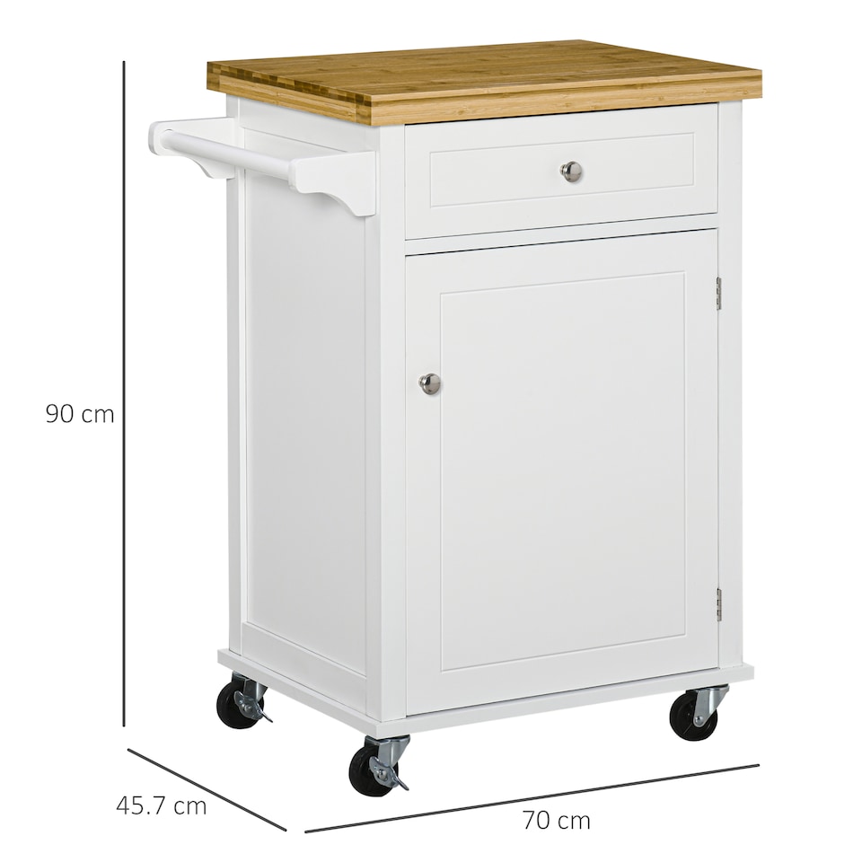 image 1 of HOMCOM Kitchen Cart Storage Trolley Wooden Cabinet with Drawer Cupboard Towel Rail White