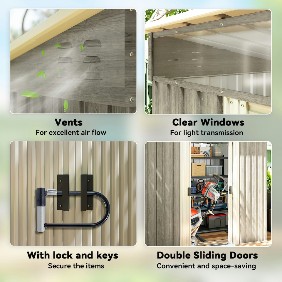 image 1 of Outsunny 6.5x4FT Garden Shed Lockable Metal Tool Shed Light Grey Wood Effect 