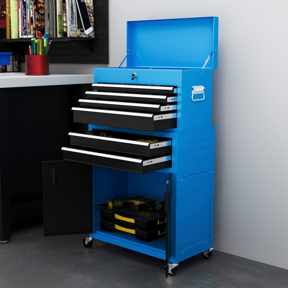 image 1 of HOMCOM Top Chest and Roller Cabinet Combo Metal Tool Cabinet on Wheels Blue Blue | Black
