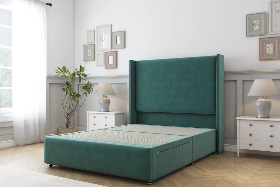image 1 of Sloomy Stratford Emerald Plush Divan Bed Base No Drawers With 54 Inch Wingback Headboard & 12 Inch Matching Footboard | Green | Emerald | Single | 1