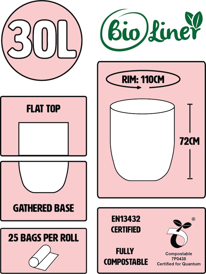 image 1 of BioLiner 30 Litre Compostable Food Waste Bin Bags - 3 Rolls